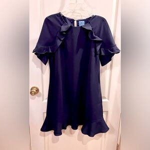 CeCe navy blue shift dress with bottom hem ruffle and ruffle at clavicle size 8